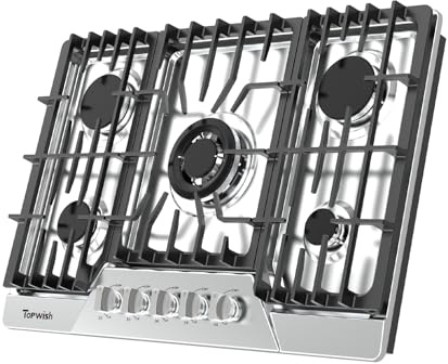 30 Inch Gas Cooktop, TOPWISH Gas Stove Top with 5 High Efficiency SABAF Burners, 41400 BTU, NG/LPG Convertible 304 Stainless Steel Built-in Propane Stovetop with Thermocouple Protection, 120V AC