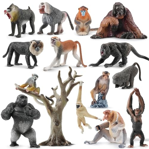 toymany 15PCS Monkey Primates Figurines and Tree, Realistic Orangutan Figures, Jungle Animal Toys Included Ape Tree Chimpanzee Gorilla Orangutan, Educational Toy Cake Toppers Christmas Birthday Gift