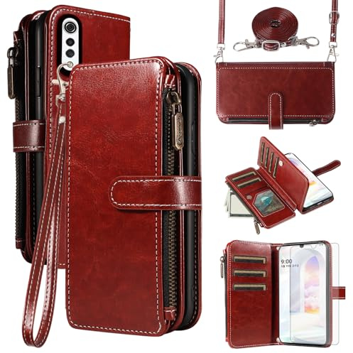 Asuwish Handyhülle für LG Velvet 5G/4G Hülle mit Band Folie Schutzfolie Kartenfach Klappbar Leder Geldbörse Ständer LMG910EMW LM-G910EMW Handy Hüllen Schutzhülle Reißverschluss Cover Phone Case Braun