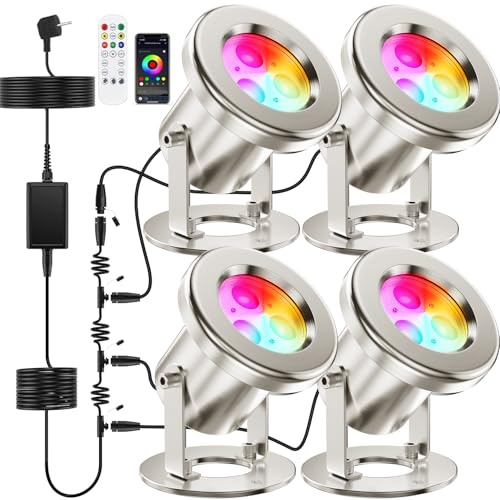 OSREE All-in-One Luces Estanque RGB Acero Inoxidable SS316, Foco Estanques Expandible con Cable 12M, Luz Estanque Sumergibl con APP, IP68 para Estanques, Cascada, Arroyo Fuente de Agua, 4er-Pack
