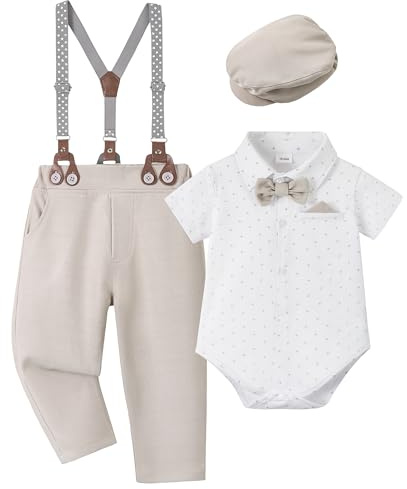Volunboy Baby pojke gentleman-kostym, formell kortärmad sparkdräkt med hängselbyxor, fluga och basker, bröllopsfest outfit, Ljus khaki, 3-6 månader