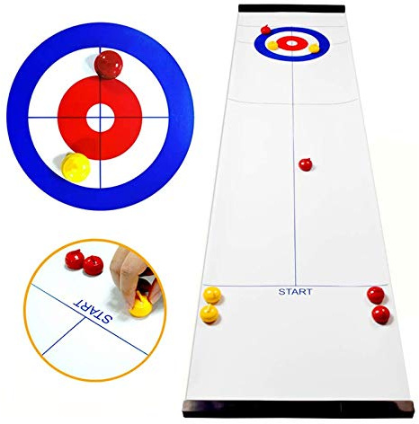 Table Top Fun Compact Curling Board Game Set for Kids and Adults Shuffleboard Pucks with Portable Rollers Indoor Curling Game Floor