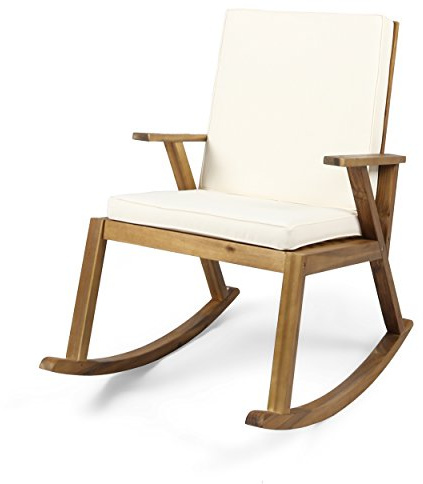 Christopher Knight Home Brent Outdoor Acacia Wood Rocking Chair with Water-Resistant, Teak Finish/Cream Cushion