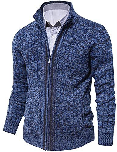 Hombres Suéter Frontal Completa Invierno Manga Larga Cardigan con Cremallera y 2 Bolsillos Azul Negro L