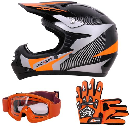 Zorax ZOR-X19 Youth Motocross Helmet & Gloves & Goggles | Orange M (51-52cm) - Gloves M(6cm) Junior Dirt Bike Off Road Motorcycle Crash Helmet ECE 2206