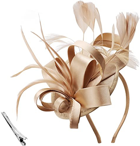DRESHOW Fascinators Royal Banquet Ribbons Feathers Headwear Cocktail Tea Party Wedding Church Bridal Derby Hat for Women & Girls