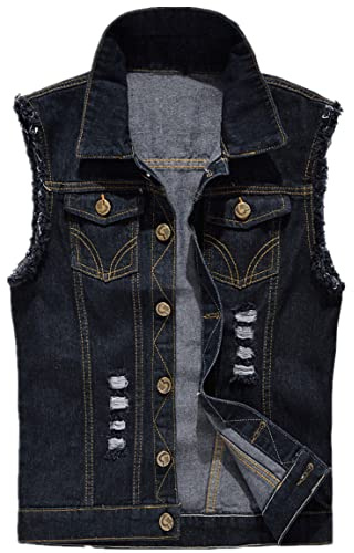 Kelmon Chaqueta de Mezclilla los Hombres Chaleco para Vintage Arrancó Chaleco de Jeans Hombres Sin Mangas Chaqueta