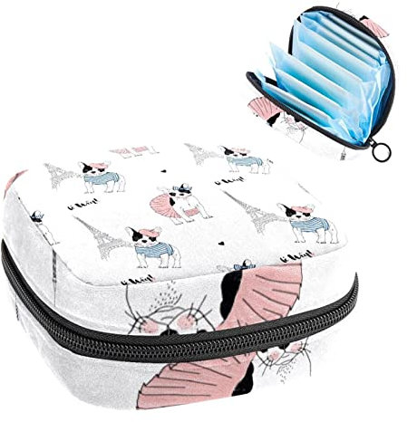 Women Sanitary Napkins Pads Handbag Ladies Menstrual Cup Pouch Girls Portable Tampon Storage Bag French Bulldog Paris Period Pouch with Zipper