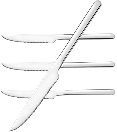 KINGSTONE Sharp Steak Knives, German Stainless Steel Steak Knife Set of 4 with Full-Serrated Blade, 9.4-Inch Sleek Design Table Knives, Mirror Polished