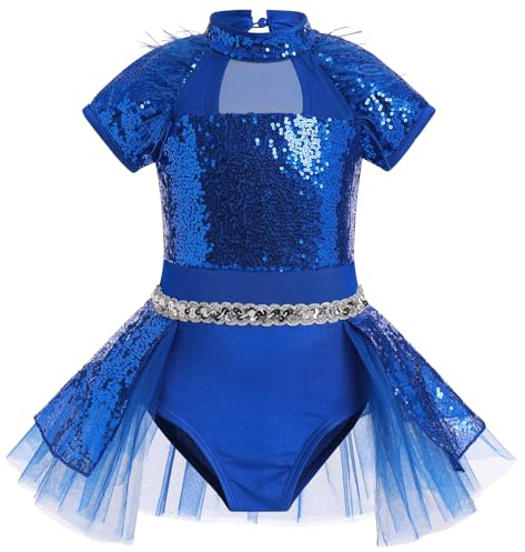 ODASDO Girls Shiny Sequins Ballet Dance Leotard Kids Mock Neck Short Sleeve Feather Tutu Dress Child Hip Hop Latin Jazz Stage Performance Circus Acrobat Gymnastics Jumpsuit Royal Blue 9-10Y