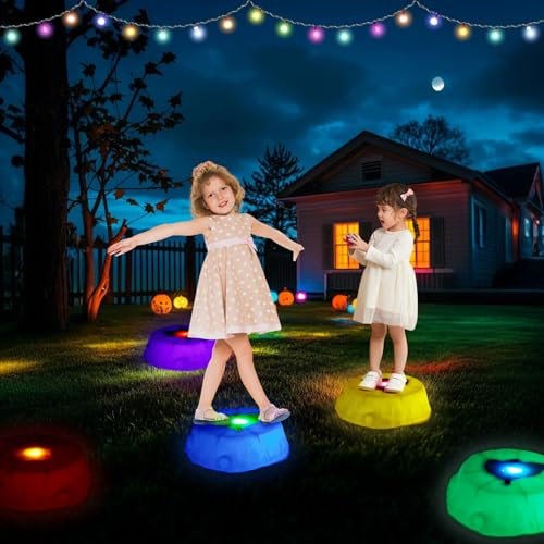 Stepping Stones for Kids, 6 Pcs Fun Balance Step Stones with LED Lights, Non-Slip Textured Balance Stones for Promote Coordination Skills Obstacle Courses Sensory Toys Gift for Kids Ages 3-8