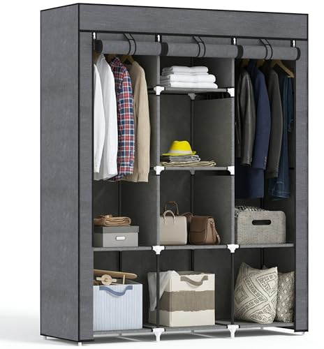 HOMCOM Kleiderschrank Stoffschrank mit Kleiderstange, Ablagen, Reißverschluss Faltschrank Stoffkleiderschrank für Schlafzimmer, Ankleidezimmer, 125 x 43 x 162,5 cm Dunkelgrau