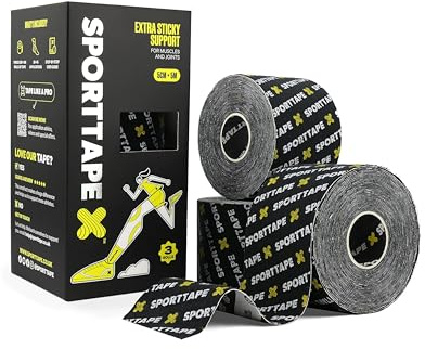 SPORTTAPE Kinesiology Tape - 5cm x 5m, 3 Rolls, Brand - Extra Sticky | Kinetic Physio Tape for Muscle Injury Recovery, Sports Strapping, Knee Pain, Joint Support & Blisters - Single Uncut Rolls
