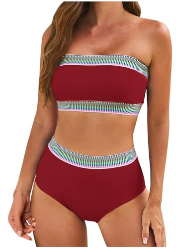 AMhomely Swim Two Piece for Women UK Ladies Strapless Swimming Costume Strapless Swimsuits Boho Hawaiian Bikini Sets Solid High Waisted Bathing Suits Solid Tube Modest Swimming Suits