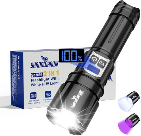 Shadowhawk 2-in-1 LED/UV Taschenlampe Aufladbar mit Dual-Switch | 500000 Lumen Extrem Hell Taschenlampen mit UV Schwarzlicht für Inspektion/Camping/Outdoor, Stufenloses Dimmen, Bequeme Bedienung