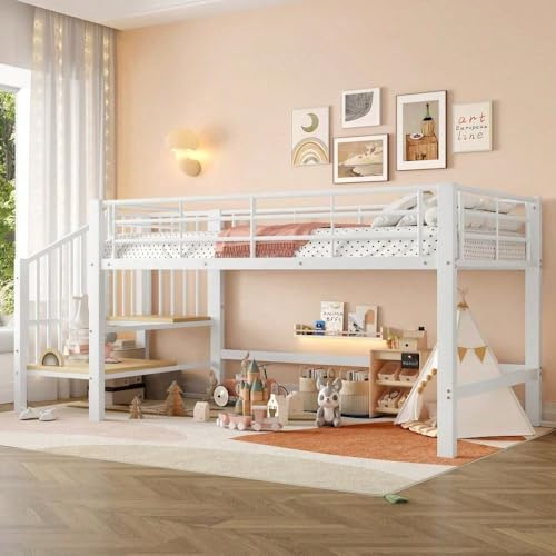 Halvhög våningssäng 90 x 200 cm i vitt – med integrerad förvaringstrappa och tippskydd – platsbesparande ungdomssäng/barnsäng (vit + MDF + metall + 90 cm x 200 cm)