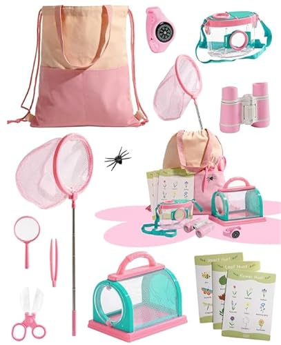 ROBOTIME 12-Piece Outdoor Explorer & Bug Catcher Kit for Kids 3+, Pink