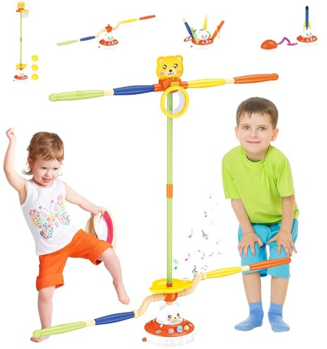 Hitish Sports Outdoors Playset Toys - 5 in 1 Musical Jump Ring Toss Game Stomping Launch Rocket Launcher Basketball Throw for Kids - Indoor Outside Obstacle Avoidance Gifts for Toddlers Ages 4-8 8-13