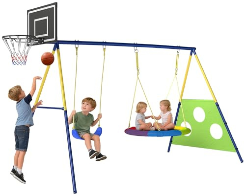 AIYAPLAY Balançoire Portique Enfants 4-en-1 Extérieure Âge 3-8 Multicolore | Balançoire Nid, Panier de Basket, Cage de Football, Aire de Jeux, Support en Acier