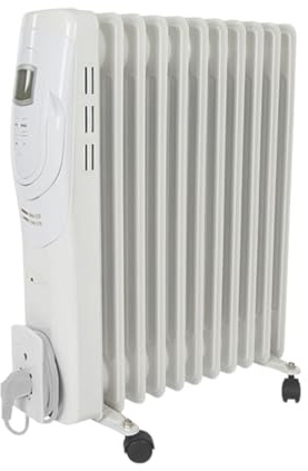 Perel 2500W Ölradiator mit 11 Rippen, 3 Heizstufen, LCD-Display, Timer, einstellbarem Thermostat, Griff, Rädern und Kabelhalter, Überhitzungs- und Kippschutz, tragbarer, geräuschloser und