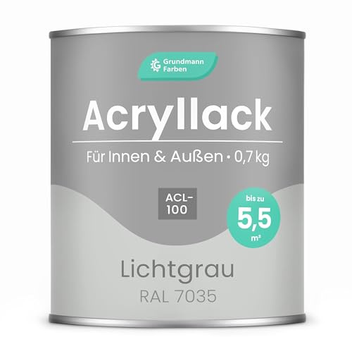 Grundmann Acryllack ACL 100 - Hellgrau 0,7 Kg - 4in1 Lack inkl. Grundierung - Innen und Außen - Für Holz, Metall, Stein & Kunststoff - Lichtgrau RAL 7035