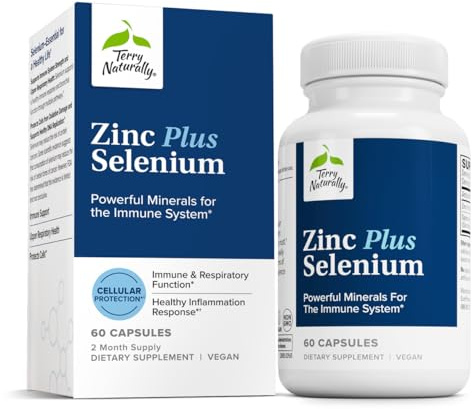 Terry Naturally Zinc Plus Selenium - Immune & Respiratory Health Supplement - Mineral Supplement with Zinc Bisglycinate Chelate - Formula with Selenium for Cellular Health Support - 60 Capsules
