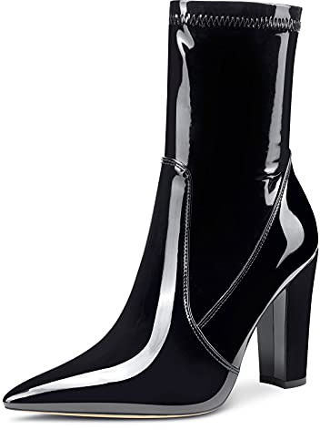 NobleOnly Femme Bottes et Bottines Cheville Fermeture Eclair Bloc Talon 10CM High Heels Noir Vernis Chaussures EU 37