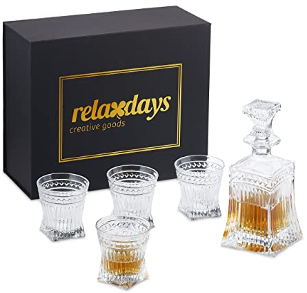 Relaxdays Set de Whisky, 5 Piezas, Decantador 500 ml, 4 Vasos 240 ml, Licorera Cristal, Caja de Regalo, Transparente, 9 Centimeters cm