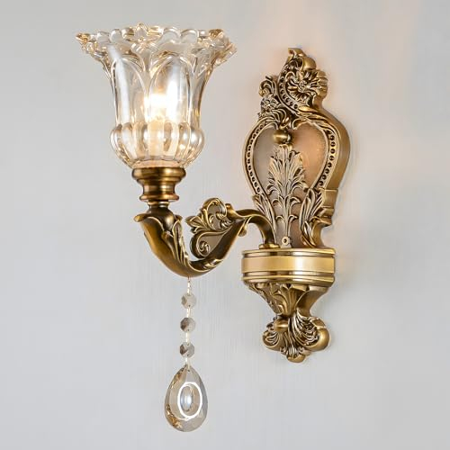 WayLuoung Vintage Blumenwandleuchte 1 Kopf Lampenschirm aus Kristallglas Wandleuchte Wandleuchte aus Metall mit Dekoration Farbe Bronze Gold Retro Nachttisch (Base E14 ohne Leuchtmittel)