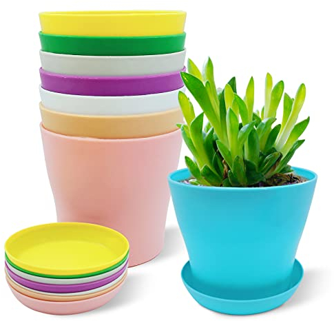 WAIZHIUA 8Pcs 14cm Plant Flower Pots Colorful Plastic Plant Pots Indoor Flower Pots Plant Container Planters with Trays for Office House Succulent Fruit Vegetable Seedlings Transplanting, 8 Colors
