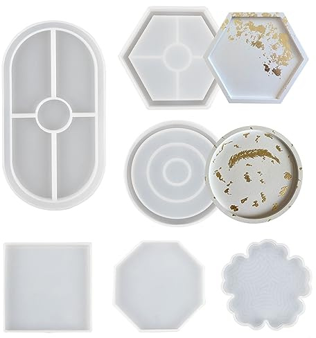 MIYUANGKJ 6 pcs Resin Tray Mould Silicone Moulds for Resin Casting Round Square Oval Hexagon Epoxy Resin Casting Molds for Coaster Resin Tea Tray Making for DIY Xmas Ornament Craft
