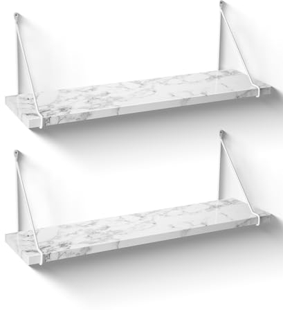 SUMGAR Floating Shelves for Wall Shelf Storage Unit for Kitchen Bedroom White Organiser Display for Living Room Rack Long 60cm Large Heavy Duty with Modern Marble Effect Set of 2