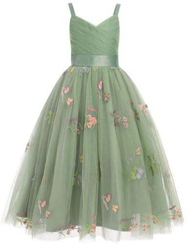 Odizli Blumenmädchenkleider Prinzessin Kleid Mädchen Kinder Ärmellos V-Ausschnitt A-Linie Tüllkleid Festlich Hochzeit Erstkommunion Kommunionkleid Abendkleid Lang Ballkleid Grün Stickerei 12 Jahre