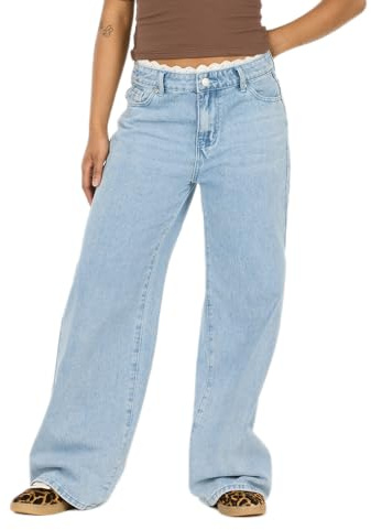 Forever 21 Women’s Wide-Leg Jeans – Light Wash Denim with Lace Trim Waistband, High-Rise Relaxed Fit Vintage Y2K Style, Blue, 10