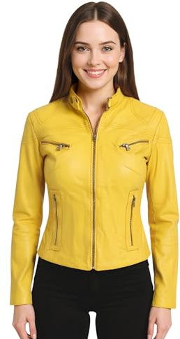 Infinity Leather Chaqueta Clásica de Motociclista de Cuero Auténtico Amarillo de Corte Entallado Para Mujer