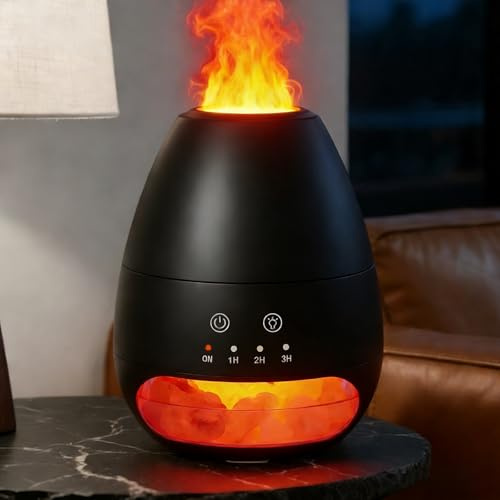 Diffuseur d'huiles Essentielles avec Lumière Effet Flamme et Lampe de Sel de l'Himalaya Humidificateur Ultrasonique Diffuseur d'aromathérapie Arrêt Automatique pour la Maison Bureau Cadeau- 100ml Noir