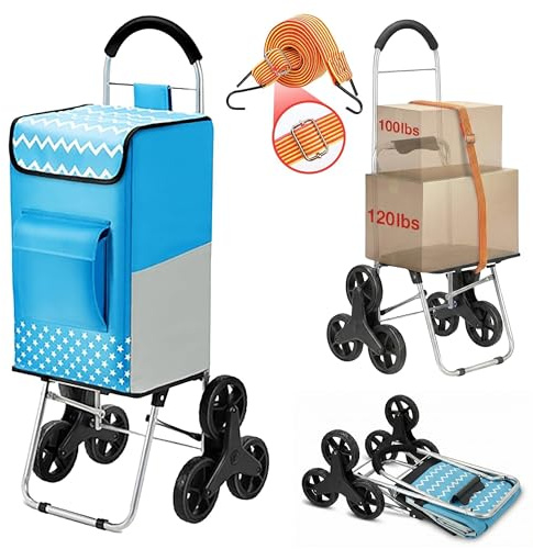 winkeep Shopping Cart, 220 lbs Capacity, Foldable Grocery Trolley with Large Bag, Laundry Utility, Adjustable Bungee Cord (Sky Blue)