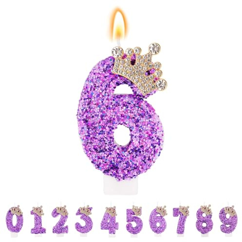 TESGADGETS Velas de cumpleaños lilas, velas de cumpleaños con coronas combinables y número 6 para pasteles, vela brillante con el número 6 como adorno para celebraciones de aniversarios