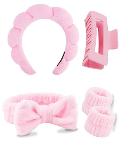 5 Pcs Spa Headbands for women and girls face washing, makeup, facial skin care, fluffy sponge SPA hairband bow hairband hairpin wristband set.(pink)