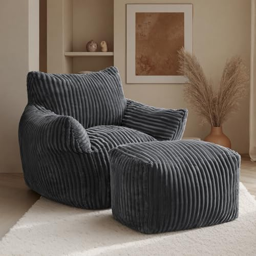 JULY'S SONG Pouf Velours Côtelé, Fauteuil Salon Adulte, 96x95x79 cm, Gris, Style Moderne, Rembourrage Hybride en Mousse Haute Densité, Velours Côtelé, avec Repose-Pieds