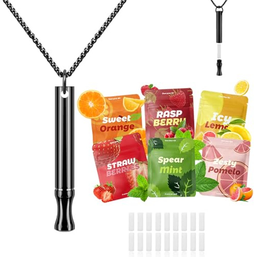 ADASTONE Bärbart smaksatt lufthalsband med 18 påfyllningsbara smakkärnor, sensoriskt andningshalsband för vuxna, mindful andnings- och avslappningstillbehör i 6 smaker, resevänlig design (svart)