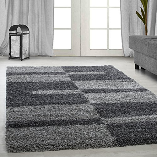 Carpetsale24 Hochflor Teppich 120 x 170 cm Grau – Weicher Shaggy Flokati im Karierten Design – Dekorativer Wohnteppich für Jugendzimmer oder Gästezimmer – Pflegeleicht & modern
