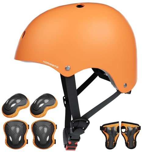 KORIMEFA Casco Protezione Bambini, Ginocchiere, Gomitiere e Protezione Polso per Bambini da 3-13 Anni, Casco per Hoverboard, Scooter, Pattini, BMX e Bicicletta (Arancione, M)