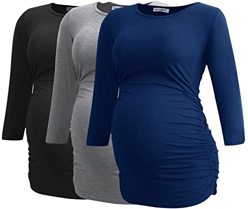 Smallshow graviditet toppar för kvinnor 3/4 ärm Ruched gravida kläder 3-pack,Black/Grey/Navy,XL