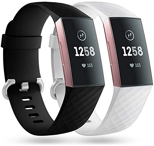 Faliogo 2-pack ersättningsarmband kompatibelt med Fitbit Charge 3 armband/Fitbit Charge 4 armband, klassiska sportband för kvinnor, herr, liten, svart/vit