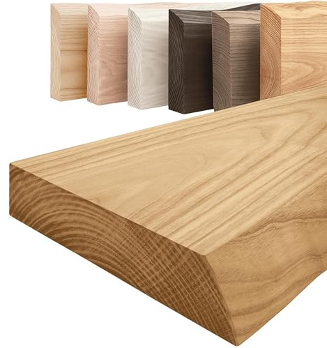 LAMO Manufaktur vägghylla, trähylla med en naturlig kant, utan monteringselement, Rustik Aska 160cm, LW-01-A-003-160