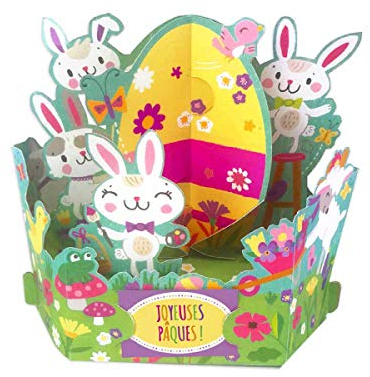 Draeger Paris - Pop Up Karte, Karte 3D Grußkarte mit Umschlag - Joyeuses Pâques Ei und bunte Hasen - format 18 x 11,5 cm