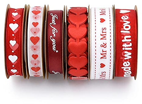 ANCLLO 6 rollos de cintas impresas para el día de San Valentín, cintas de satén para envolver regalos, suministros de bricolaje