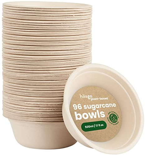 HAAGO - 100 Cuencos Aperitivos Desechables Bagazo de Caña de Azúcar - Ecológicos, Vajilla Biodegradable - Perfectos para Celebraciones y Fiestas, Cuencos Desechables - 500ml