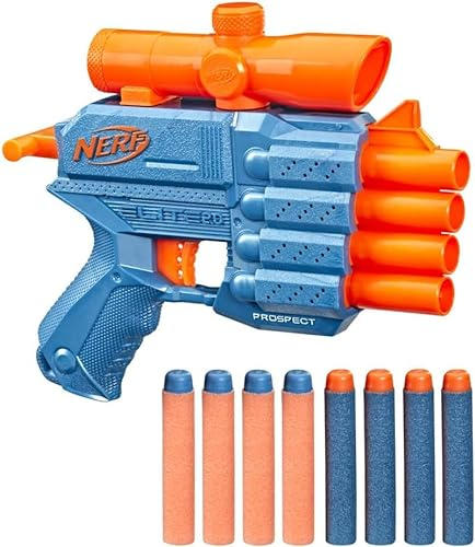 Nerf Elite 2.0 Prospect QS-4 Blaster Toy for 8+ Year Old Kids, 4-Dart Blasting Multicolour Launcher with 8 Official Foam Darts
